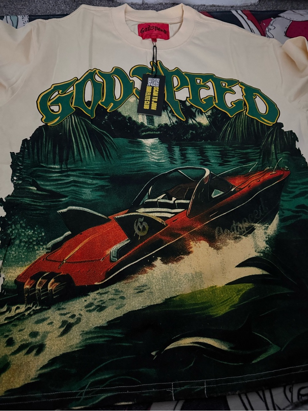 Godspeed Cream Short-Sleeve Tee with Red Boat Graphic